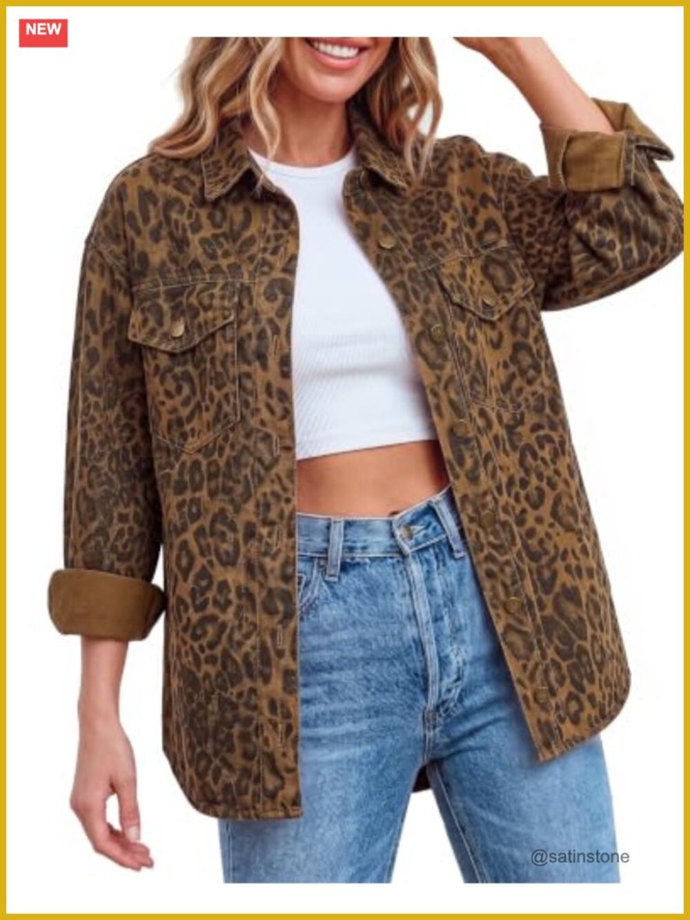 Oversized Leopard Print Denim Jacket Cheetah Print Button Down Shacket